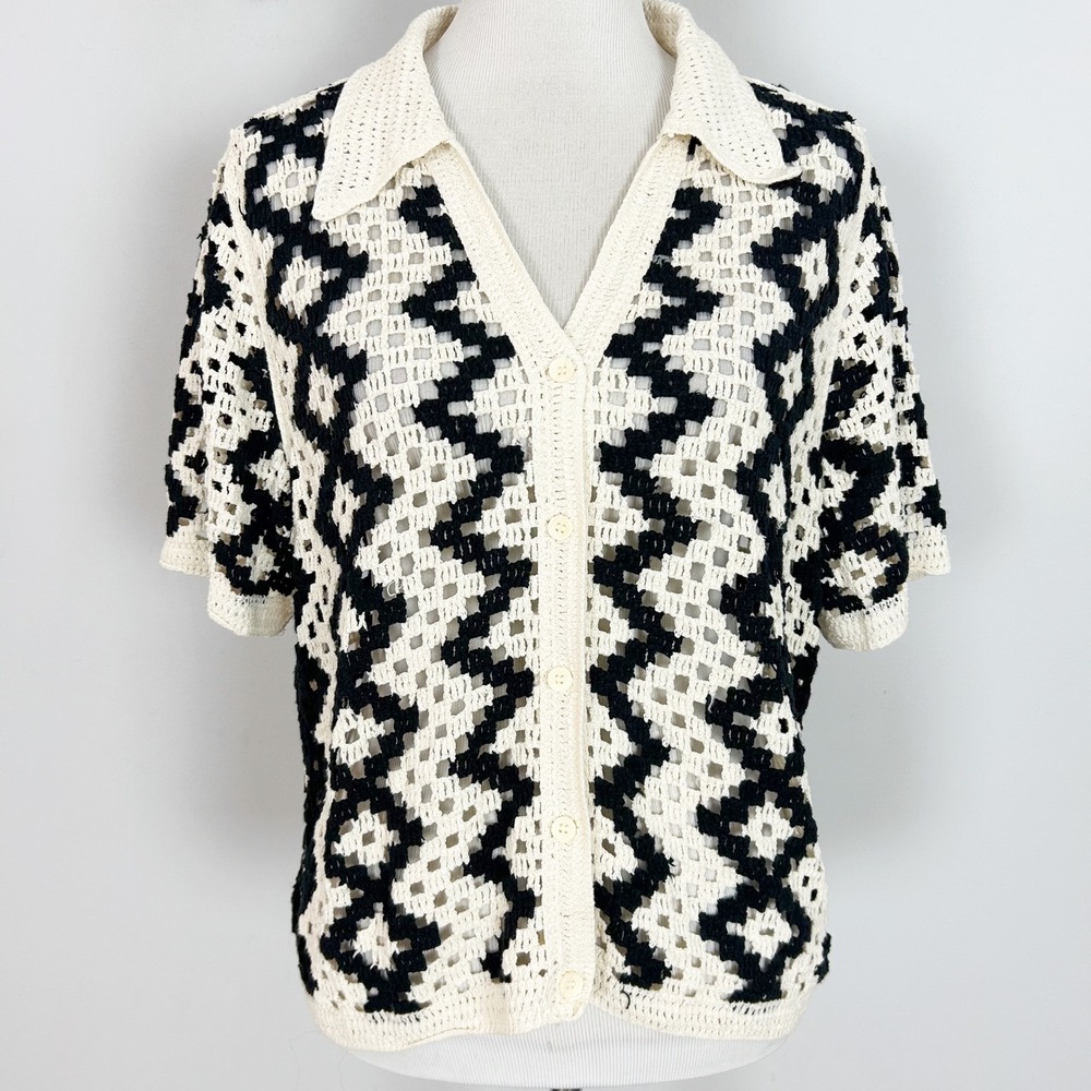 Ultra Pink Crochet Cardigan Womens Small Black Cream Geometric Sheer S/S Top